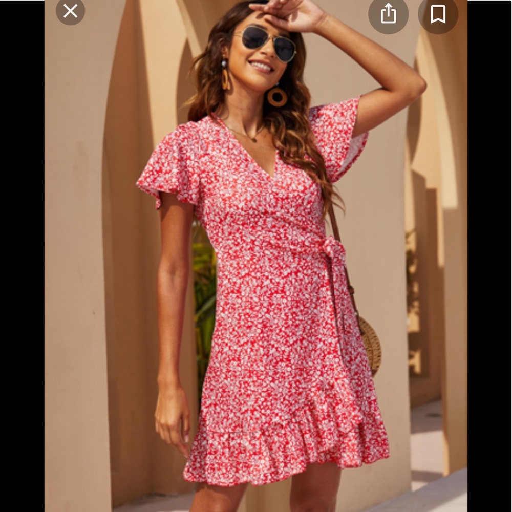Naggoo Pink Floral Ruffled Wrap Dress. Beach or casual dress.